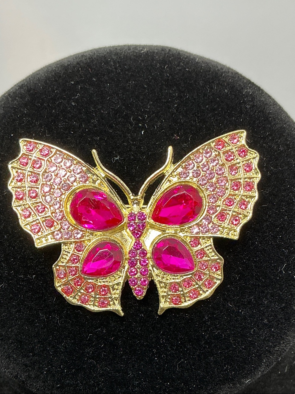 Gold Butterfly Brooch with Fuchsia Pink Crystals